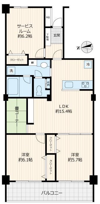 間取りです。2SLDKタイプで畳コーナーが付いています。