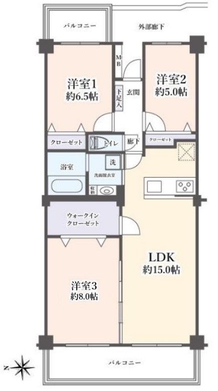 間取りです。3LDKタイプでウォークスルークローゼット付きです。