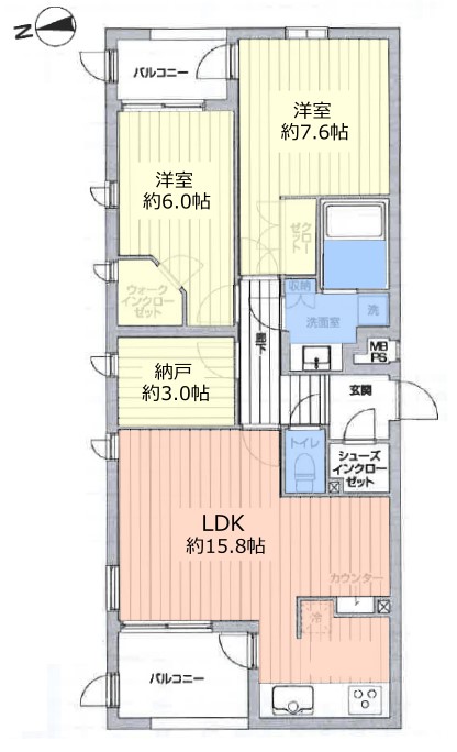 クアトロウーノ城北中央公園の間取りです。2階部分です。2LDK＋納戸＋WIC。全室フローリング。