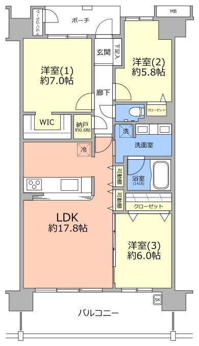 ビィオルド戸田公園の間取りです。3LDKファミリータイプです。カウンターキッチンです。