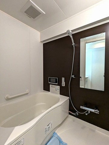 板橋区中古マンション、新規リフォーム済み物件、ライオンズマンション中板橋の浴室です。手すり付きで安心の浴槽です。