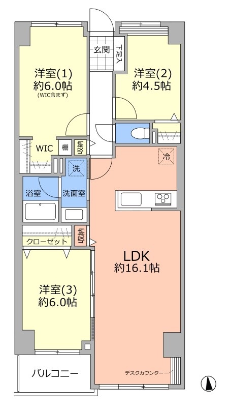 中古マンション、メイツときわ台の間取りです。3LDKタイプで対面式キッチンです。ウォークインクローゼット付きです。新規リフォーム済みですぐに入居可能なお部屋です。