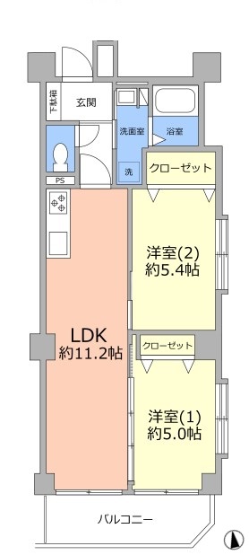 板橋区中古マンション、新規リフォーム済み物件、ライオンズマンション中板橋の間取りです。2LDKの南向きのお部屋です。