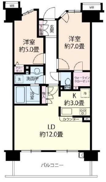 間取りです。2LDKタイプです。カウンターキッチンです。