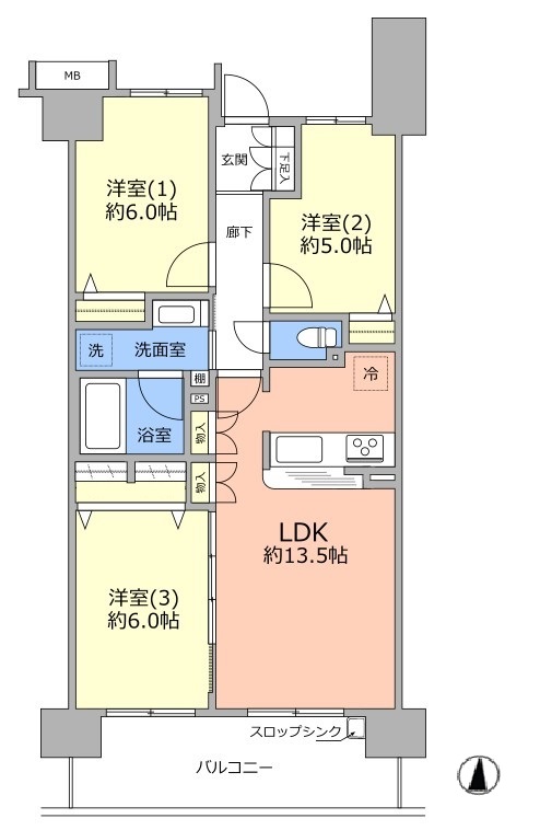 間取りです。3LDKの対面式カウンターキッチンです。全居室に収納付きです。