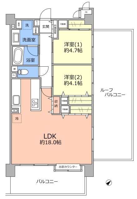 間取りタイプは2LDK。二面バルコニーで片方はルーフバルコニーになっています。リビングも広々と開放感あふれる室内です。